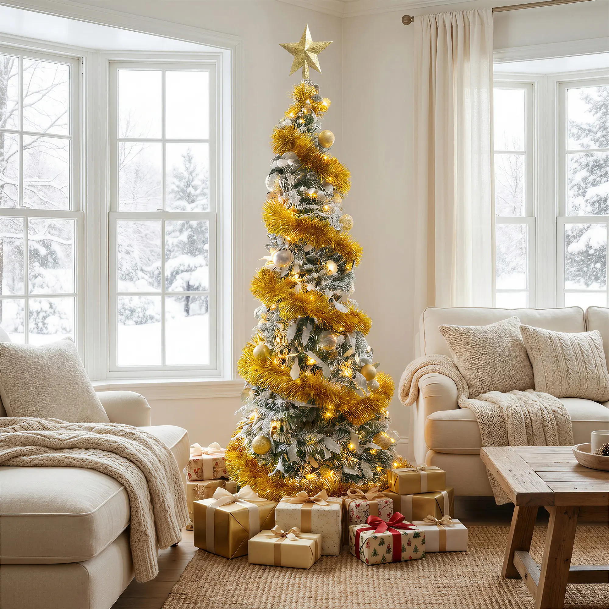 Garvee 6ft PVC Flocked Foldable Telescopic Christmas Tree with Pre-Lit 200 LED Lights 8-Light Functions Star Topper for Indoor Home Party Christmas Decor