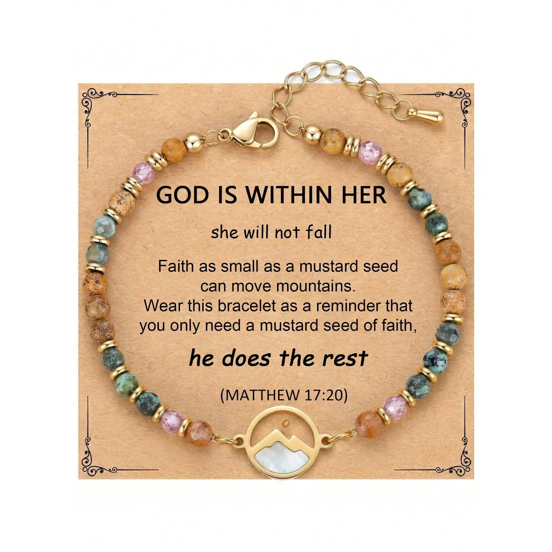 Women's Mustard Seed Bracelet - Natural Stone Move Mountains Pendant With Matthew 17:20 Message Card, Inspirational Christian Faith Jewelry Gift