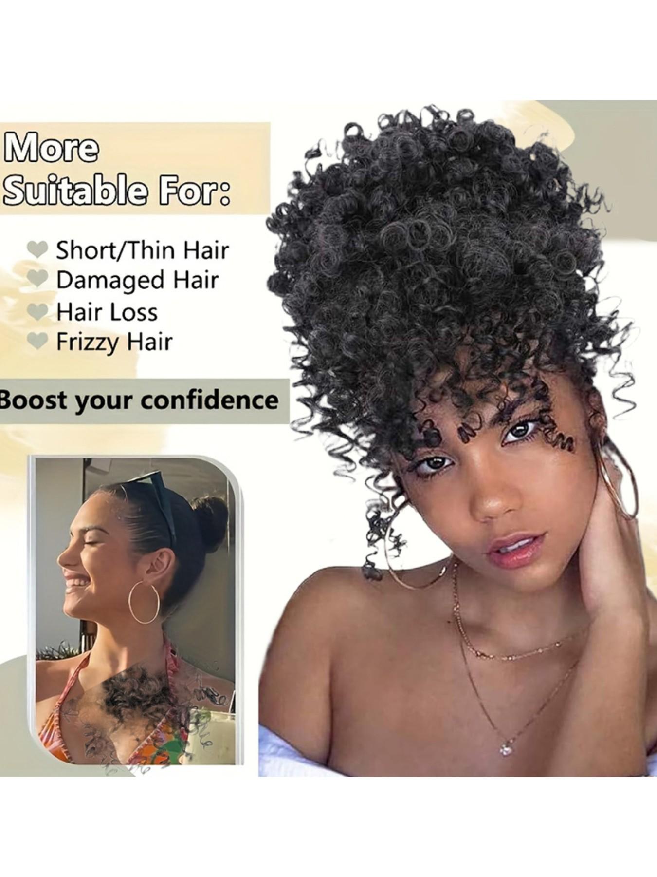 Women Drawstring Hair Bag, African Loose Curl Ponytail Extension, Bangs Flower Braid Style, High Crown Heat Resistant Fiber Wig Piece