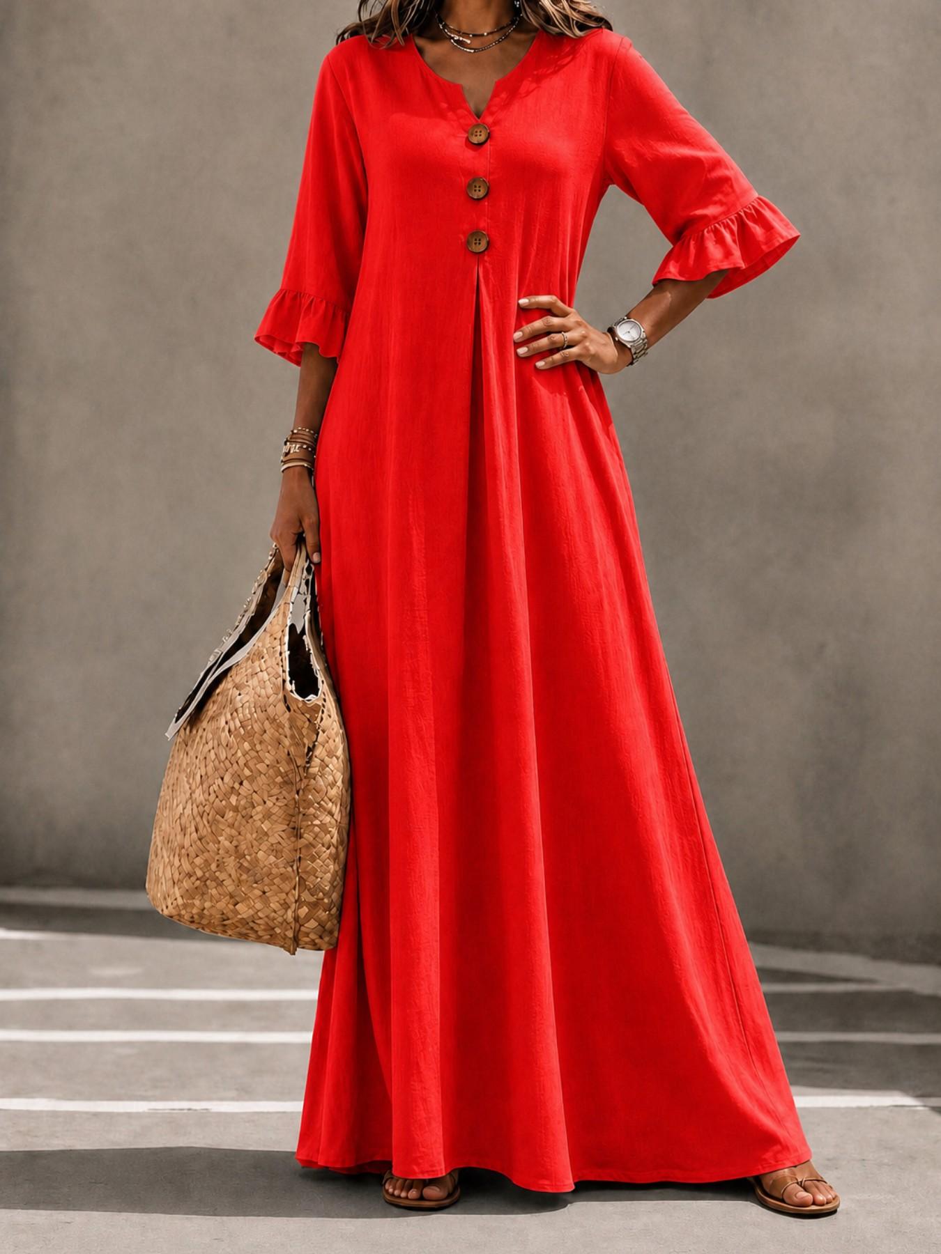 Women's Boho Style Loose-Fitting Wooden Texture V-Neck Dress, Leaf Sleeve Round Button A-Line Long Dress, All Seasons Fashion