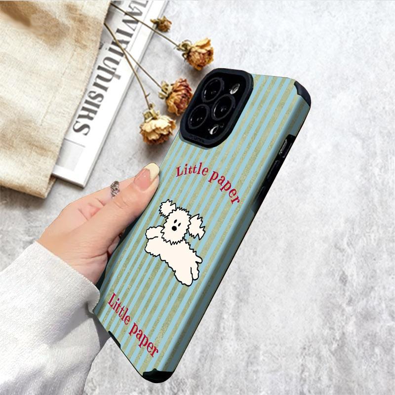 Cute Fluffy Dog Phone Case, Multiple Specifications Available, Light Blue & White Striped Design, Shock - Proof & Scratch - Resistant, For Mobile Phones, Fashionable & Protective, Ideal for Daily Use