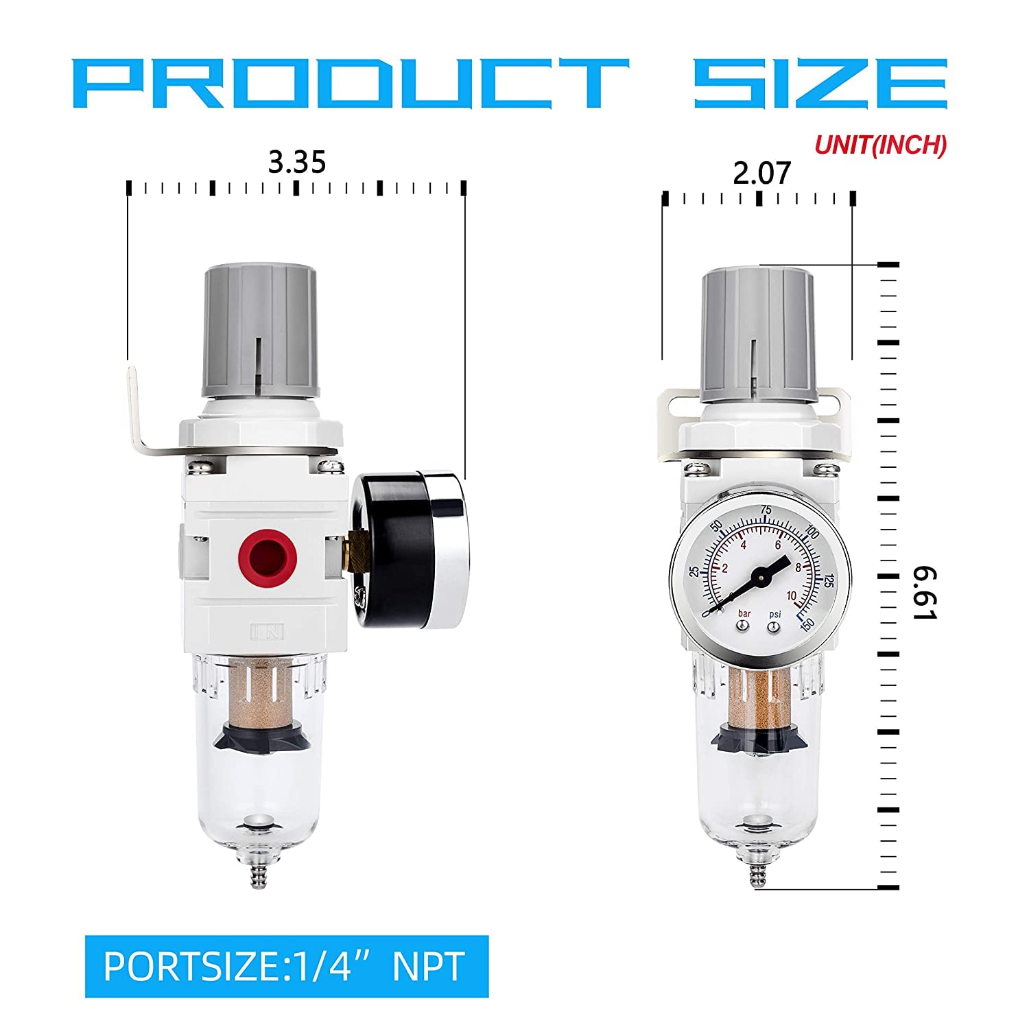 1/4" NPT Air Compressor Filter &  Regulator Combo w/Gauge | 5-micron brass  water/oil separator, poly bowl, semi-auto drain, 20 SCFM, 0-150 psi gauge—for  & air tools