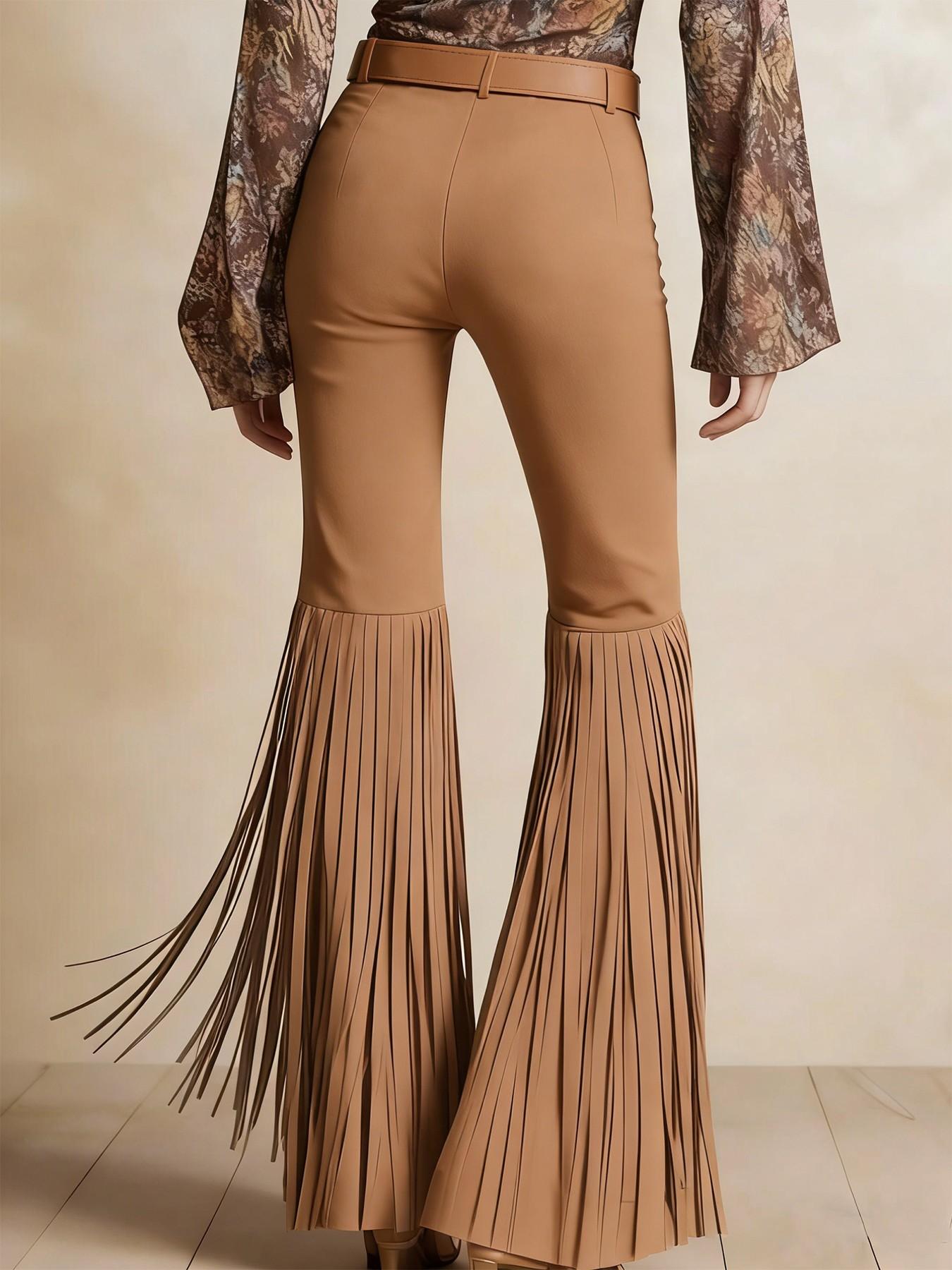 Women's High Waist Fringe Flare Pants, Retro Western Bell Bottom Trousers, Bohemian Casual Outfit, Ladies Fashion Pants, Womenswear, Vintage Fringe Pants for Party & Daily Wear