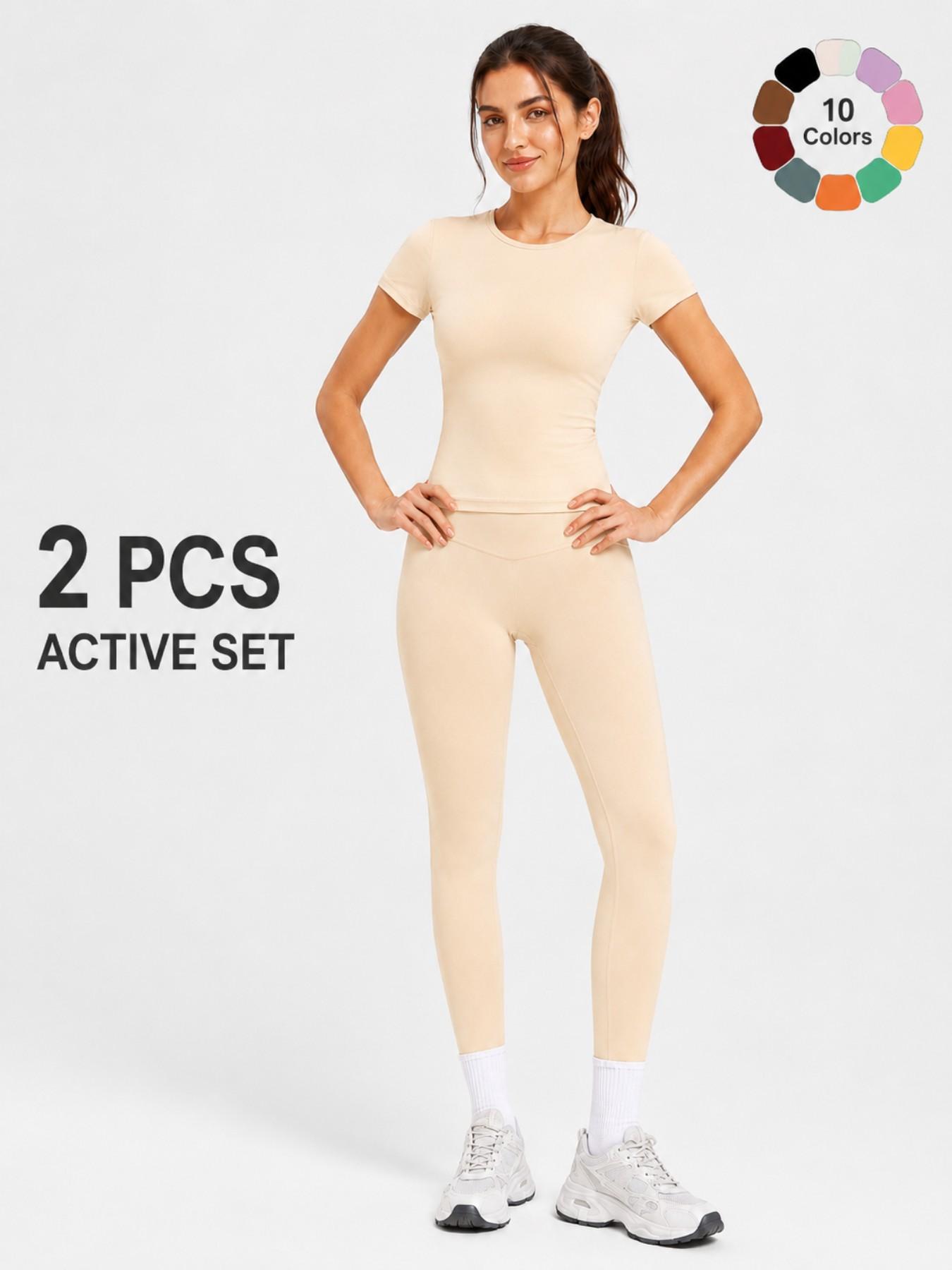 Women's 2 Piece Workout Outfit Sets, Short Sleeve Crew Neck Crop Top & High Waist Yoga Leggings, Casual Athletic Fitness Activewear Tracksuit