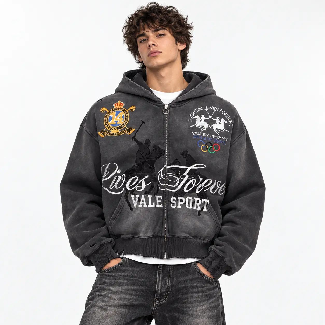 VALE SPORT Lives Forever Equestrian Embroidered Vintage Washed Zip Up Hoodie 100% Cotton Loose Oversized Y2K Distressed Hooded Sweatshirt Autumn Winter Streetwear Jacket Unisex