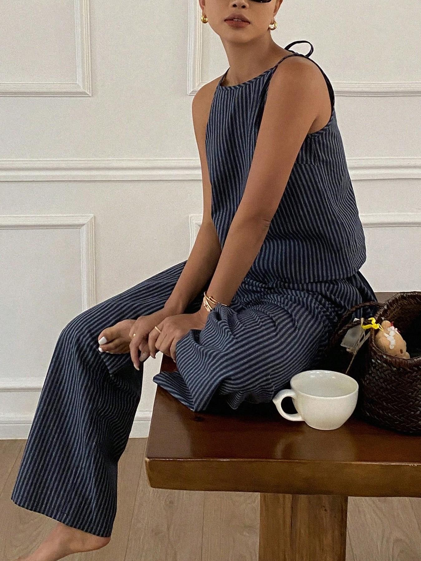 Two-Piece Women's Casual Summer Striped Lightweight Spaghetti Strap Sleeveless Top & Loose Long Pants Outfit Set, Comfortable Stylish Set Two-Piece Women's Casual Summer Striped Lightweight Spaghetti Strap Sleeveless Top & Loose Long Pants Outfit Set, Comfortable Stylish Set