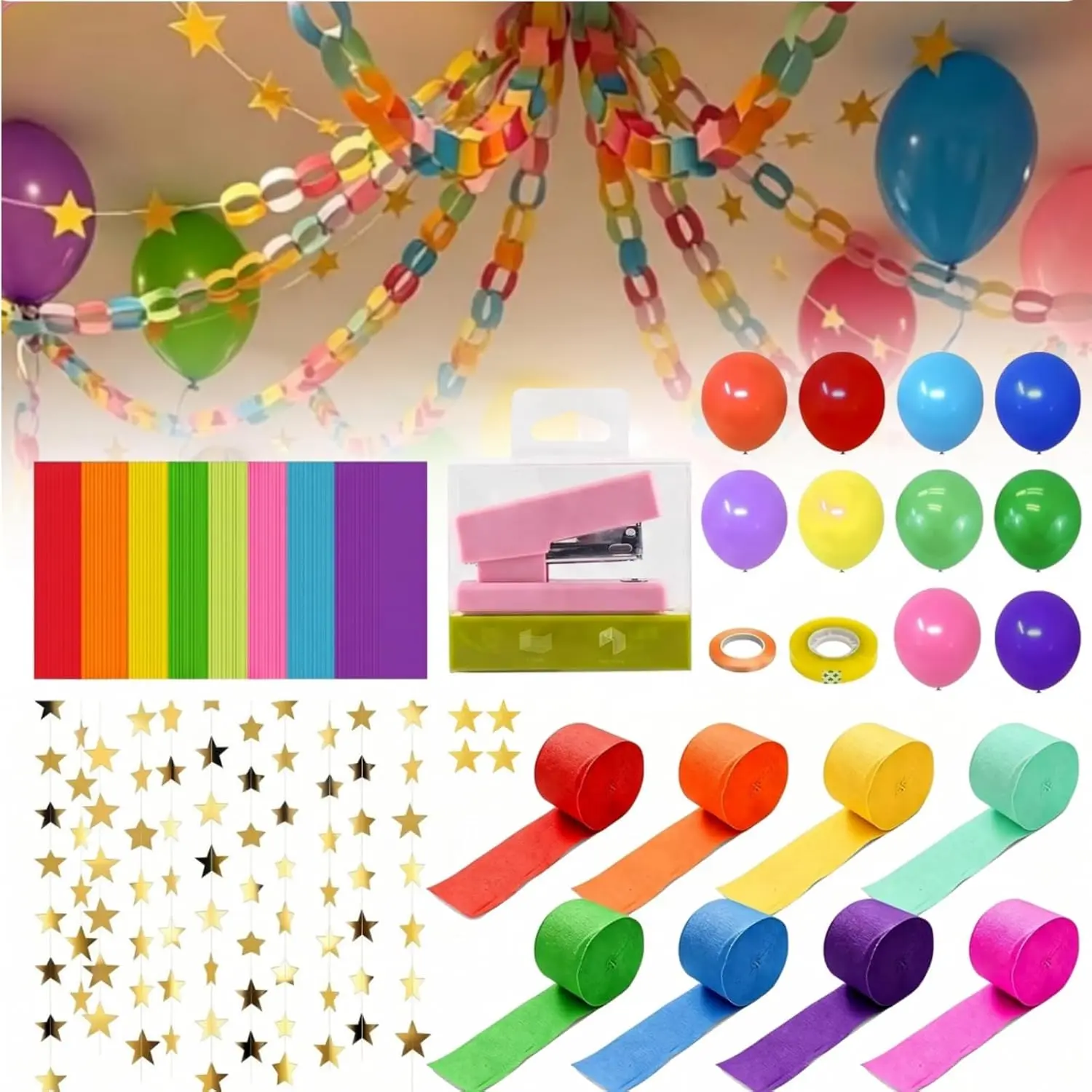800 count Paper Party Decoration Kit—8 Colors Paper Chain Strips, Crepe Paper Streamers,  Garlands, Balloons, Stapler and Tape for Birthday Wedding Theme Party Decorations