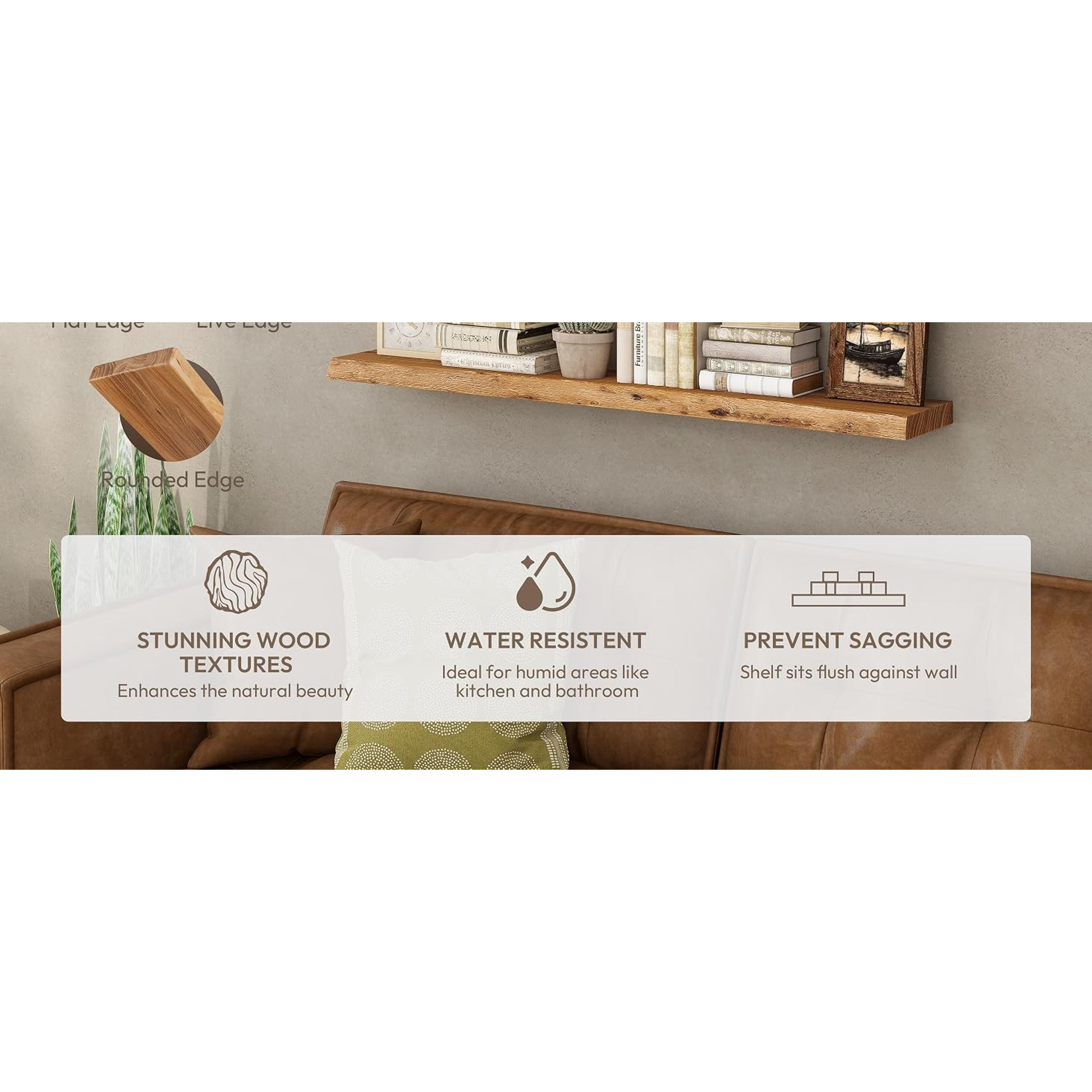 40-in Solid Elm Wooden Floating Shelf with Invisible Bracket - Rustic Minimalist Walnut-Tone Wall-Mounted Shelf for Bathroom, Living Room Decor, 1 Pack, Installation