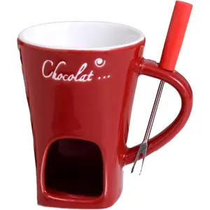 Multi functional Ceramic Chocolate Hot Pot Cup Set, Portable Fondue Cup, Easy to Use, Suitable for Candle Heating, Creative Dessert Tools With Fork, Gift Selection (Red)
