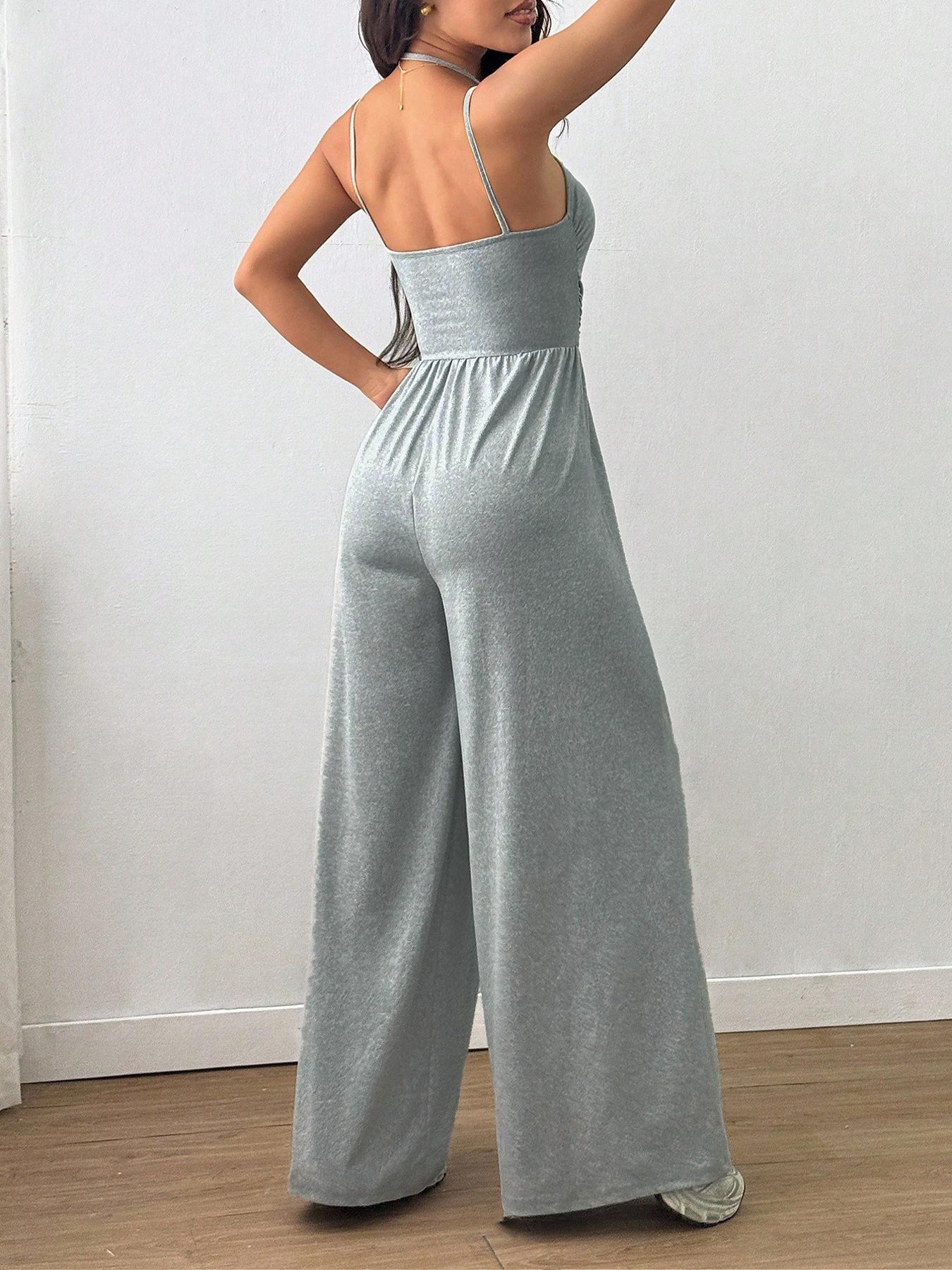 Women's Sleeveless Jumpsuit, Pleated Waist Wide-Leg Pants, One-Piece Sexy Backless Design, All Seasons Fitted Organic Textile