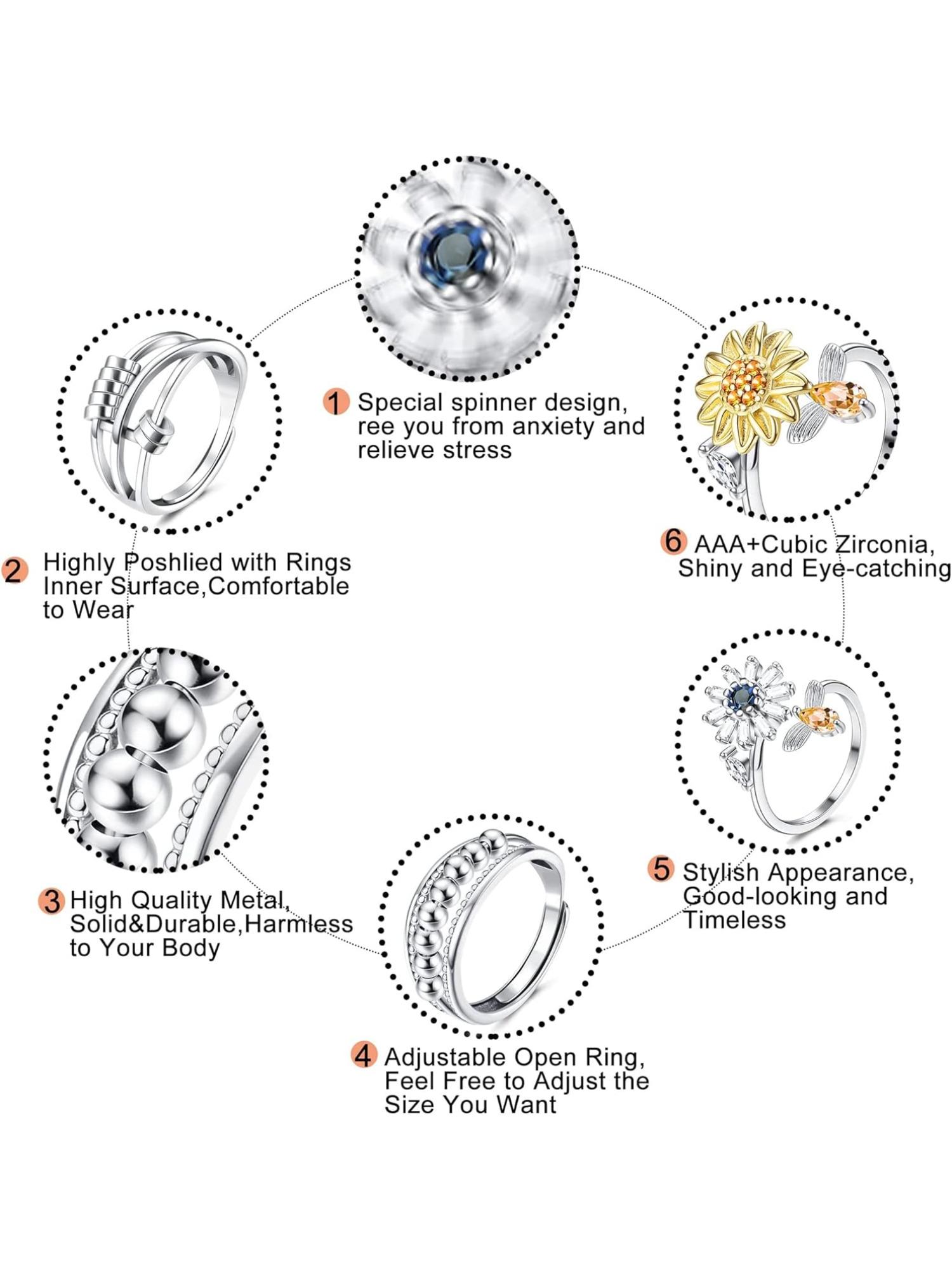 6Pcs Fidget Anxiety Rings for Women Spinner Fidget Rings for Anxiety Adjustable Flower Bead Stress Relief Spinning Stackable Ring Set, Green