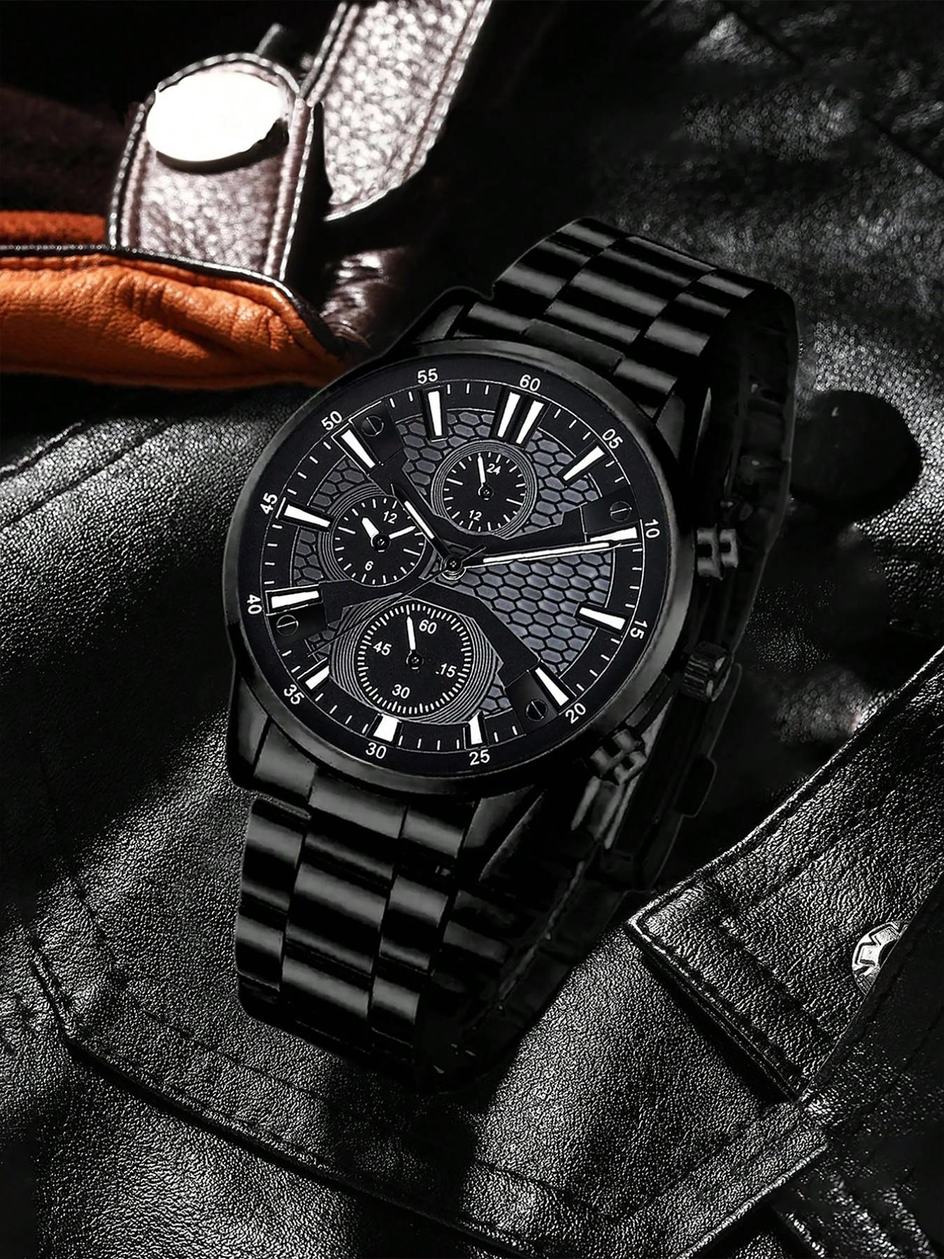 4pcs Men's Fashion Elegant Watch Set, Stainless Steel Quartz Wristwatch, Includes Bracelet, Necklace, Ring, Ideal Gift for Business or Casual Wear