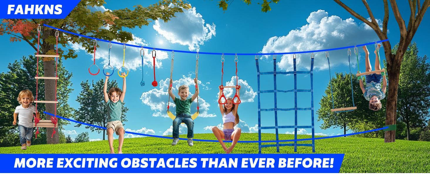 Ninja Warrior Obstacle Course Kids - 2 x 65ft Double Slacklines -Plenty of Exciting Obstacle Net Net Rope Ladder Monkey Bars - Ninja Course for Kids Outside, Kids Obstacle Course Backyard Playground Set