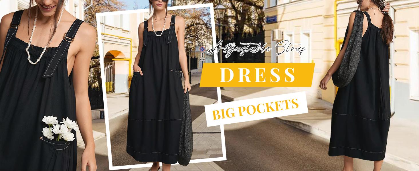 Yeokou Women's Barrel Midi Dress Sleeveless Strappy Maxi Dress with Big Pockets & Adjustable Straps Minimalist Basic Casual Fall Dress Yeokou Women's Barrel Midi Dress Sleeveless Strappy Maxi Dress with Big Pockets & Adjustable Straps Minimalist Basic Casual Fall Dress