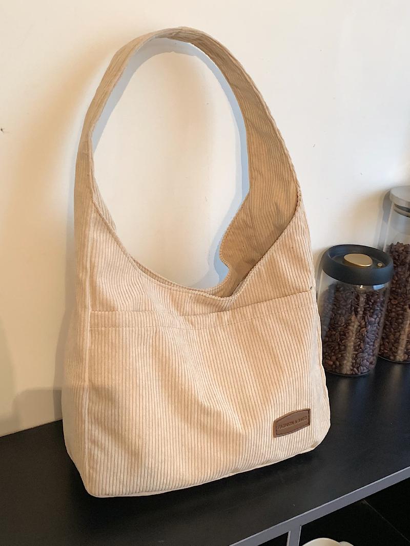 Trendy Solid Color Letter Patched Large Capacity Tote Bag, Minimalist Magnetic Closure Corduroy Shoulder Bag, Women's Dumpling Bag For Daily Used, Corduroy Hobo Bag