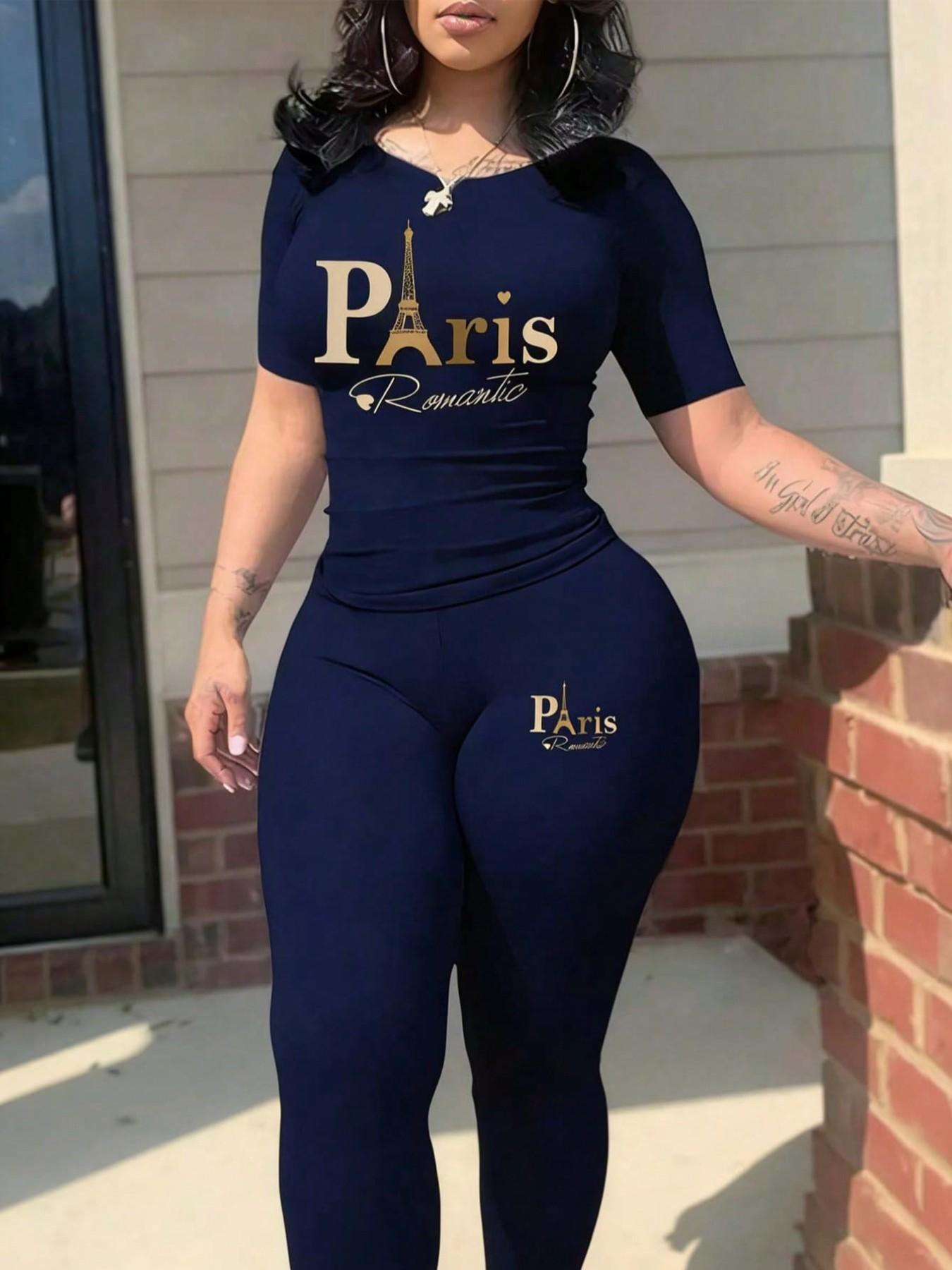 Women's Paris Print Two-Piece Set, Casual Solid Color Short Sleeve Round Neck T-Shirt & Tight Pants, Ladies Fashion Clothing