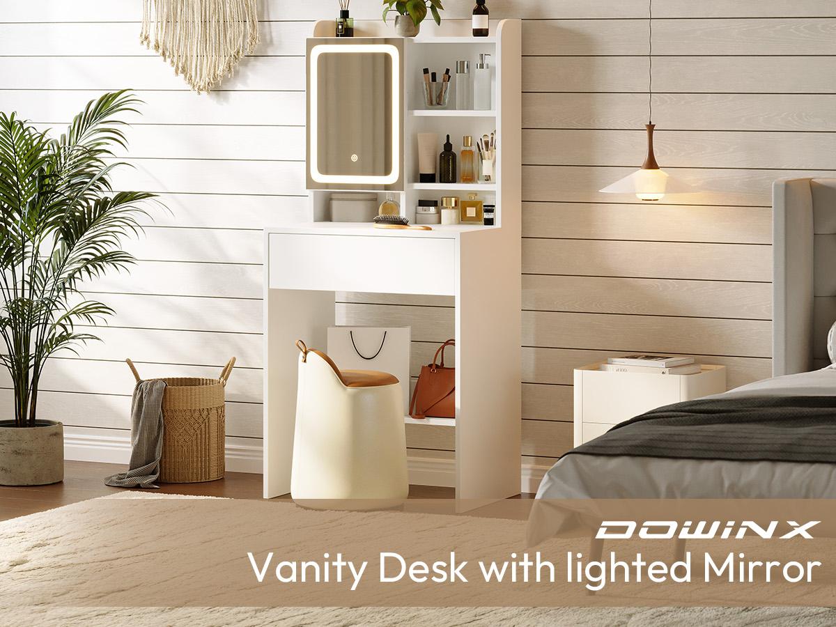 Dowinx Small Vanity Desk with Mirror and Lights, Makeup Vanity with Drawer & Storage Shelves, 3 Lighting Modes Adjustable Brightness, Large Drawer and Mirror Cabinet, Dressing Table for Girls Bedroom Dowinx Small Vanity Desk with Mirror and Lights, Makeup Vanity with Drawer & Storage Shelves, 3 Lighting Modes Adjustable Brightness, Large Drawer and Mirror Cabinet, Dressing Table for Girls Bedroom