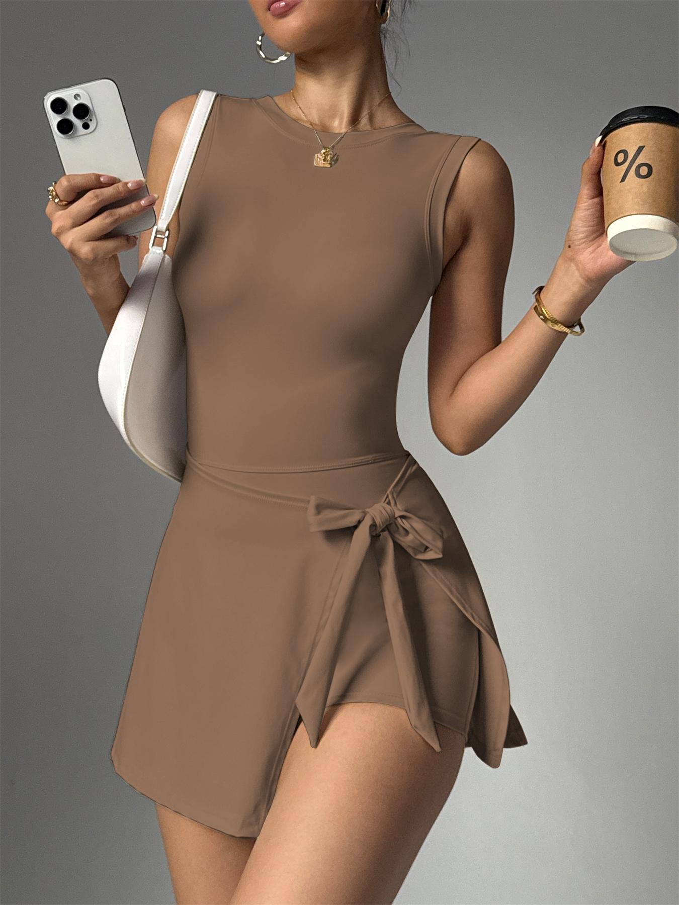 Women's Round Neck Tennis Athletic Dress, Sleeveless Design, Side Slit & Built-In Shorts, Golf Sports Skirt Pants, Backless Sport Romper