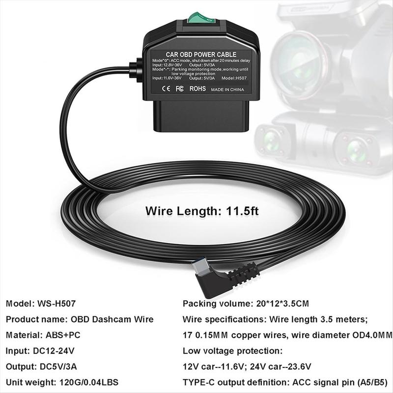 Dash Cam OBD Hardwire Kit with USB Type-C 12-24V to 5V/3A Universal Plug-and-Play Low Voltage Protection 3.5M Cable for Car DVR Monitor