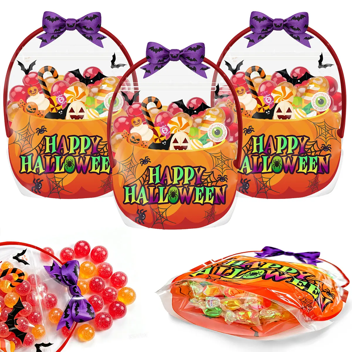 Unisex 24-Pc Transparent Plastic Halloween Goodie Bags with Handles, Ghost Print Pumpkin-Theme Party Favor Pouches for Halloween, Birthday Events