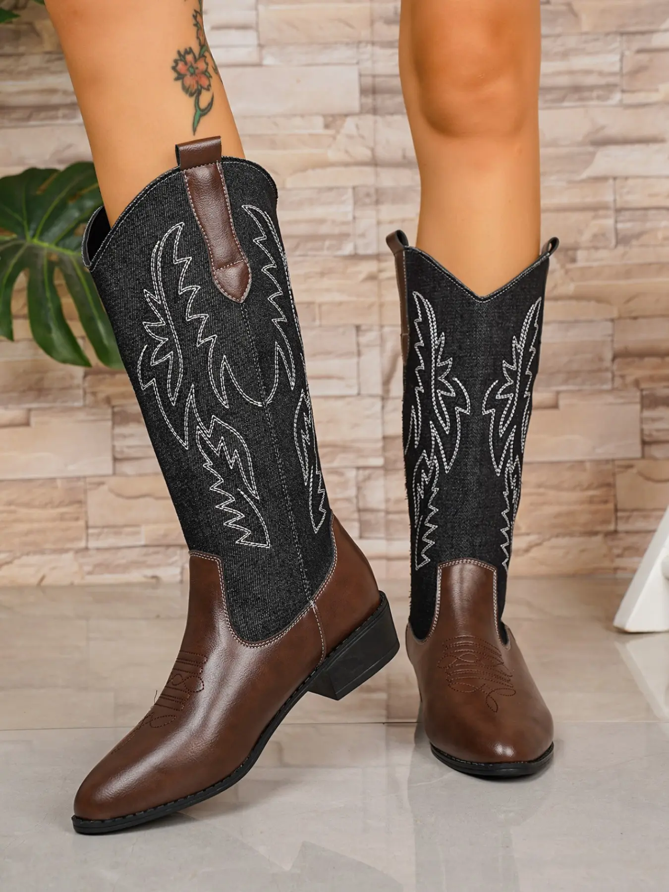 Women's Western Cowboy Boots, Colorblock Denim Patchwork, Vintage Embroidery, Pointed Toe, Thick Heel, Knight Long Boot