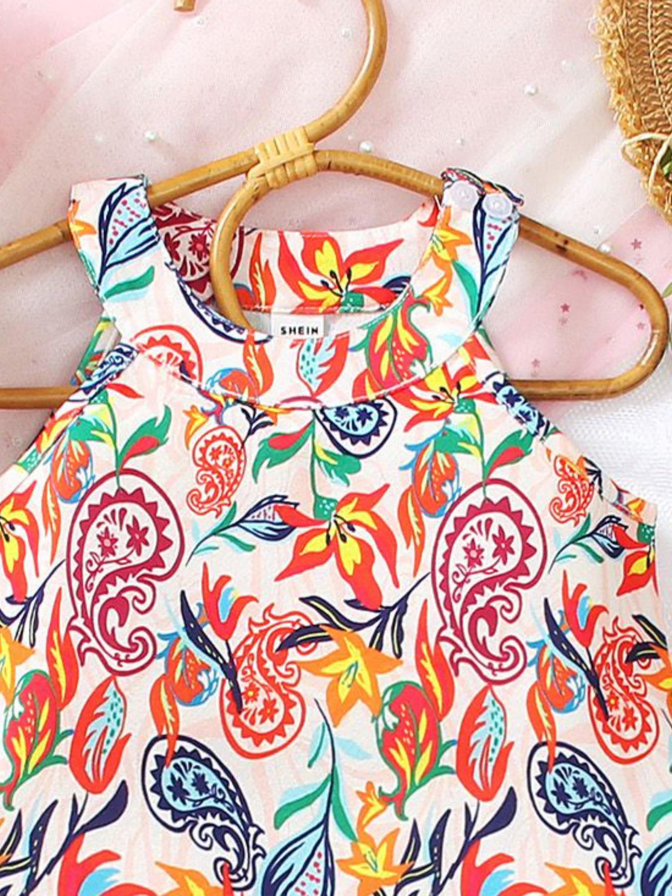 Girls' Colorful Floral Paisley Set, Lightweight Sleeveless Top + Loose Shorts, Bohemian Style Summer for Kids Aged 2-7 Years