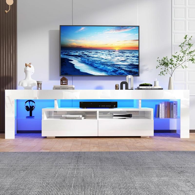TV Stand with 16 Color LED Lights, Media Console with Drawer and Glass Open Shelf for 65/75/85/90/100 inch TV, Modern Gloss Entertainment Center for Living Room, Black/white TV Stand with 16 Color LED Lights, Media Console with Drawer and Glass Open Shelf for 65/75/85/90/100 inch TV, Modern Gloss Entertainment Center for Living Room, Black/white