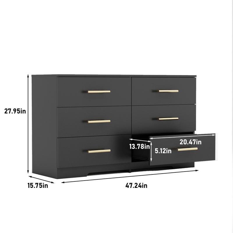 6 Drawer Dresser with Gold Handles for Bedroom, Modern Wide Chest of Drawers with Sturdy Frame for Living Room, TV Stand with Drawers Storage Cabinet Furniture for Closet Beside Living Room,Black Aesthetic Interior