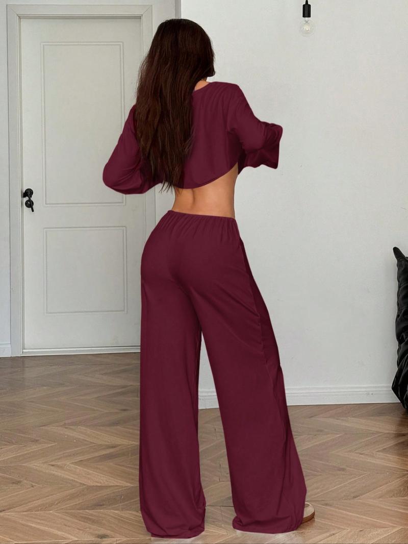 2026Women's Two-Piece Set, Long Sleeve Casual, Breathable Elastic Waist Pants, All-Season Basic Sleepwear, Comfortable Loungewear