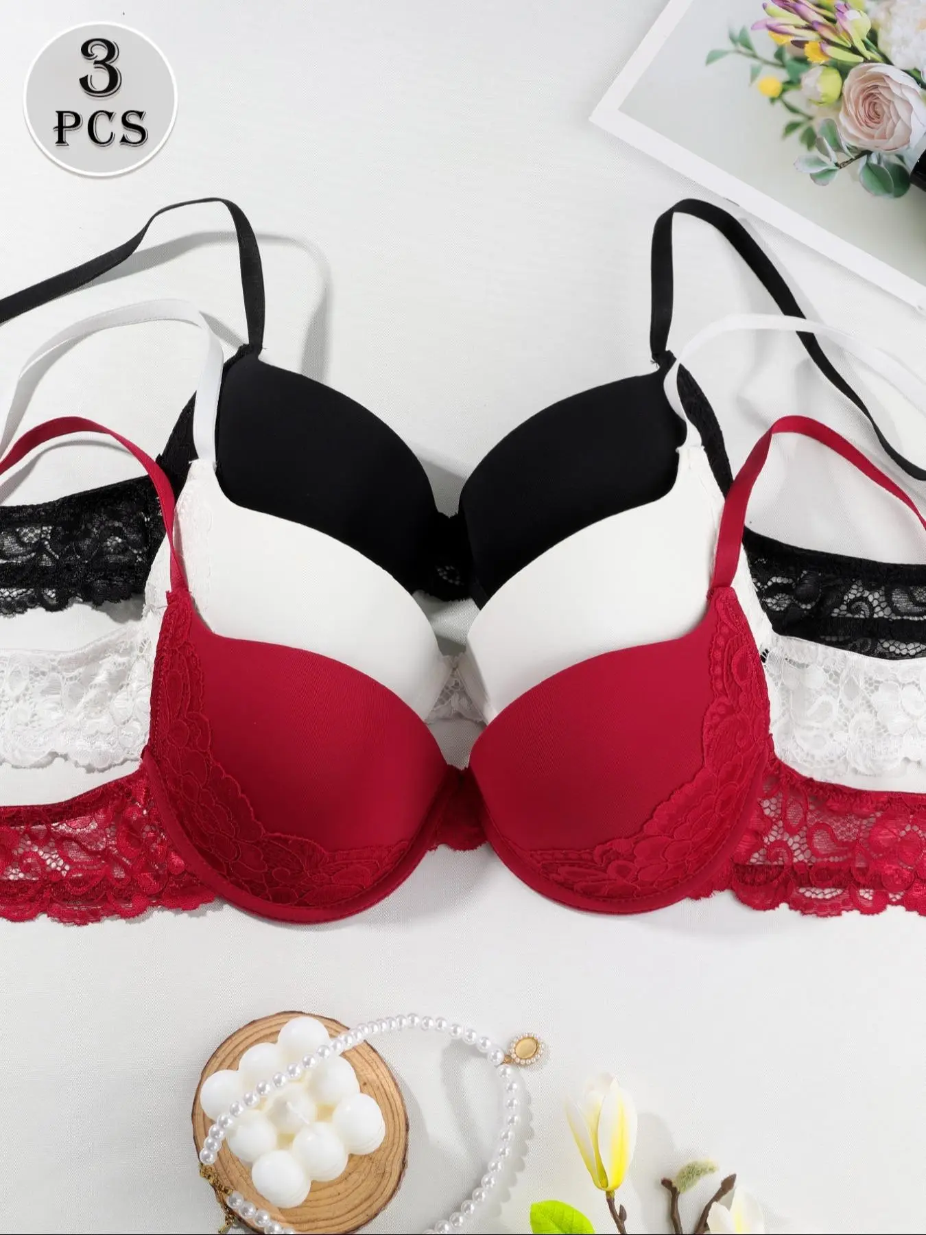 Tiktok Trend! 3-Piece Colorful Lace Underwire Push Up Bra Set with Steel Ring, Adjustable Straps, Sexy Support, Daily & Party Wear, Women's Lingerie Essential, Bras Women
