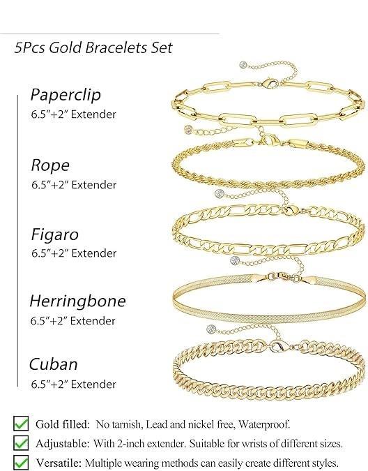 Tewiky 14K Gold Plated Copper Bracelets for Women Waterproof, 14K Gold Jewelry Sets for Women Trendy Thin Dainty Stackable Cuban Link Paperclip Chain Bracelet Pack Fashion Accessories Gifts for Womens For Valentine's Day gifts