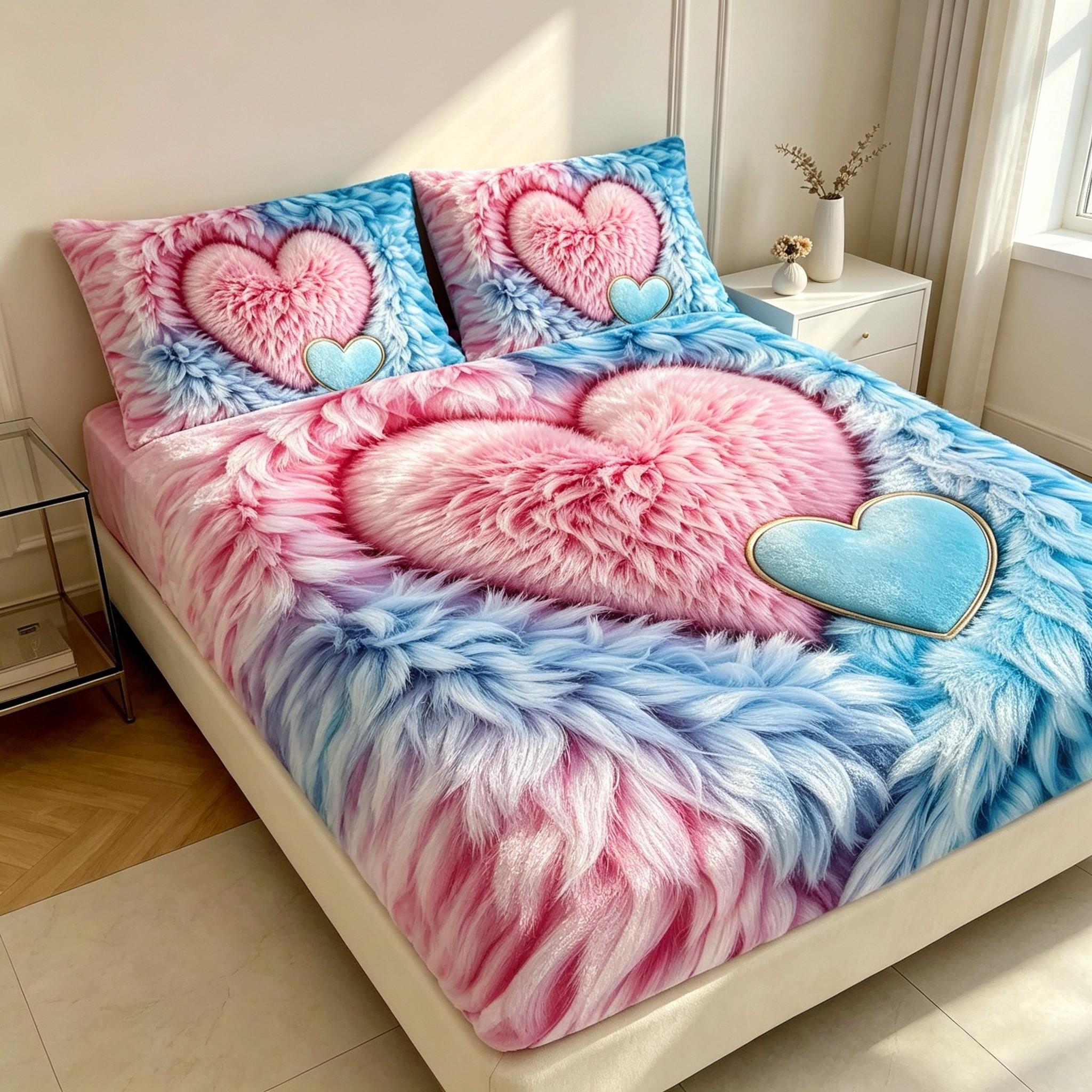3D Plush Heart Bed Skirt, Full Coverage Non-Slip Mattress Protector, Soft Skin-Friendly All-Season Bed Cover, Student Dorm Home Use