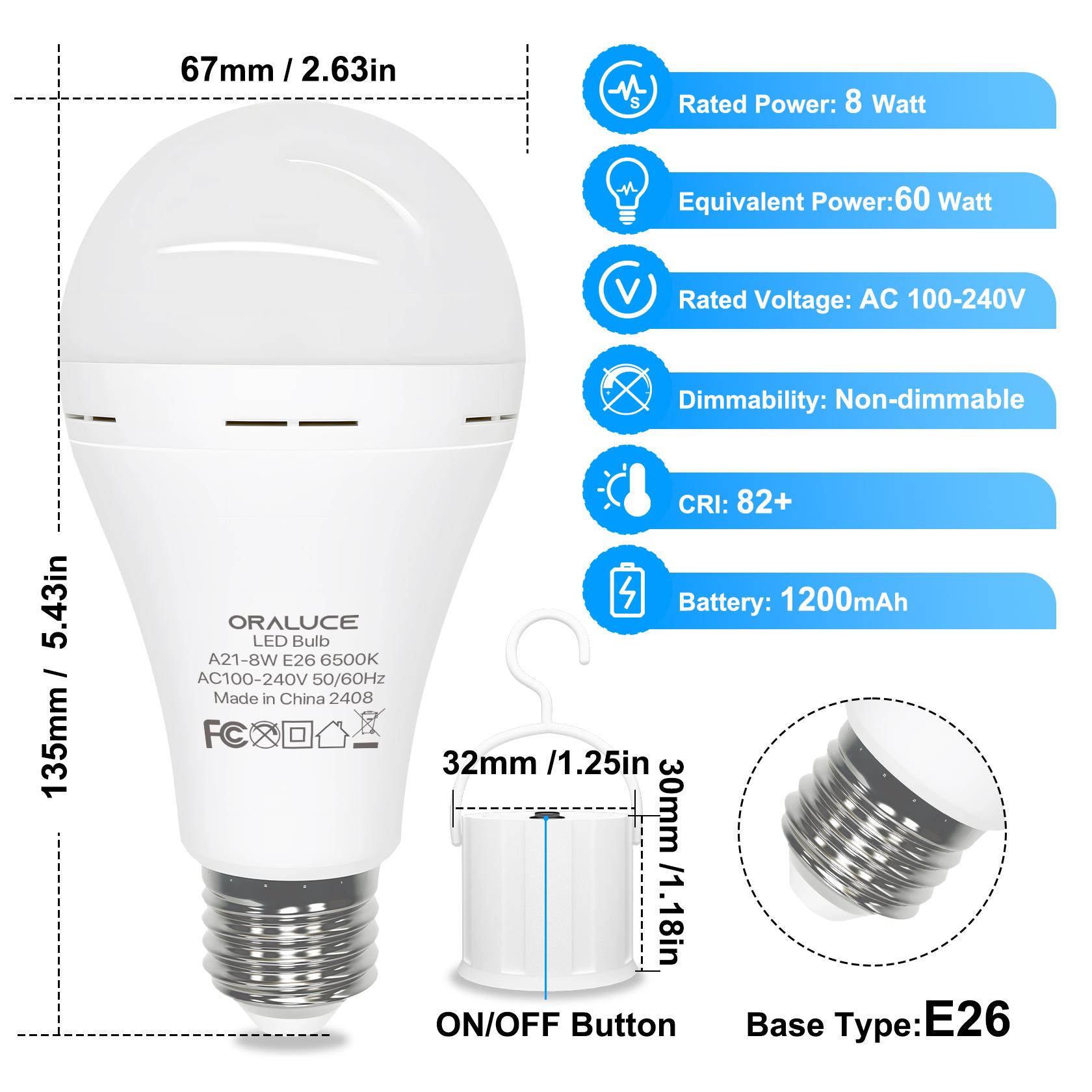 Rechargeable emergency Light Bulbs,Power Outage Lights, A21 led light 60 Watt,Battery Powered Light Bulb E26 Base,Multi-Function Battery Backup Emergency Light for Power Outage Camping Outdoor Activity,2/4Pack