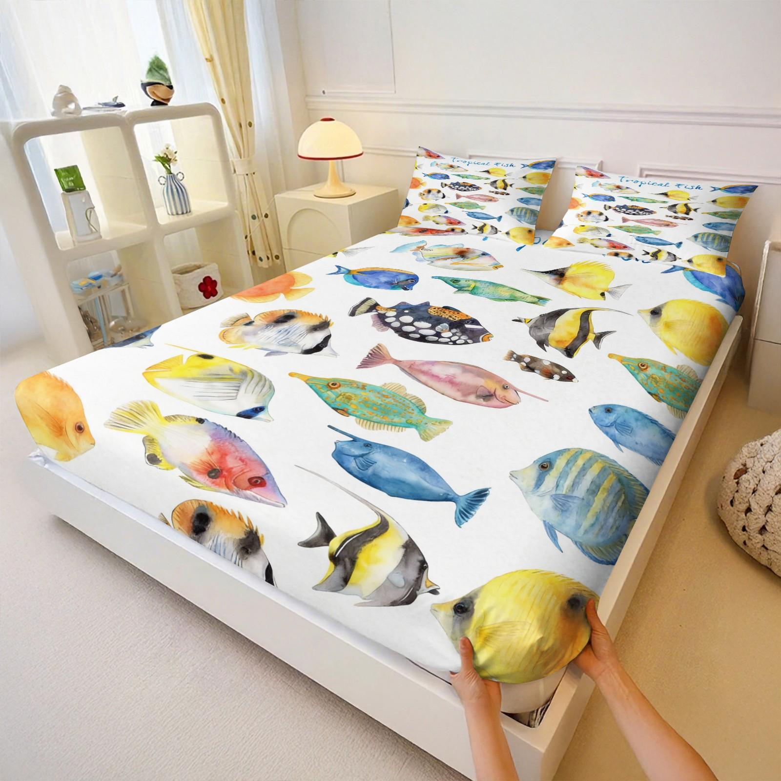 Watercolor Tropical Fish Bedding Set, Ocean Life Coral Fish Print Bed Sheets, Includes 2 Coreless Pillowcases, Breathable Durable Decorative Kit