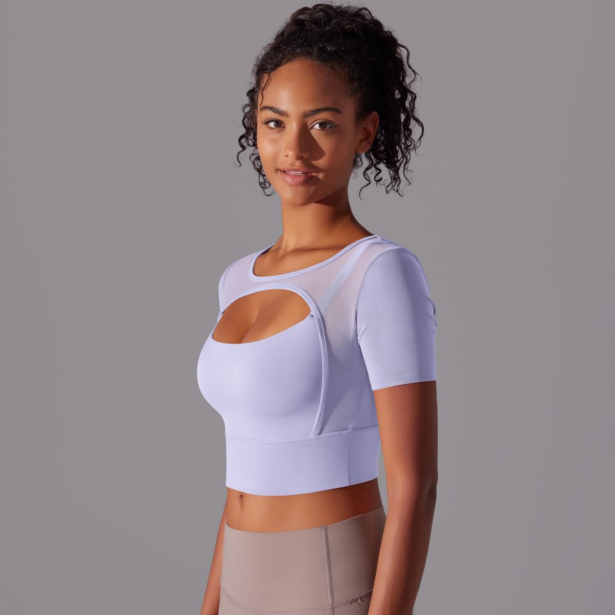 Classic Solid Color Mesh Stitching Double-Layer Short Sleeve Racerback Bra Top Women - Running, Fitness, Yoga Workout Top1123