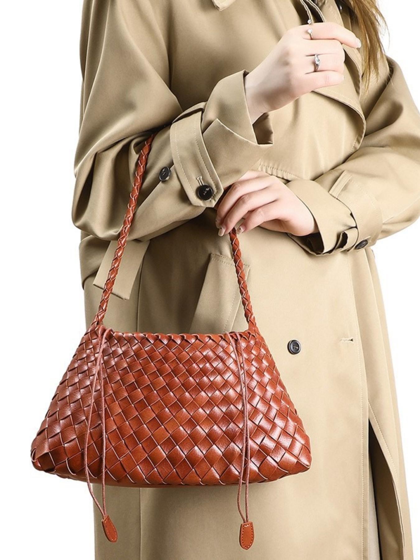 Vintage Handwoven Bag for Women, Commuter Crossbody Shoulder Bag, Versatile Drawstring Basket Bag, French Lazy Style, Perfect for Work and Dates