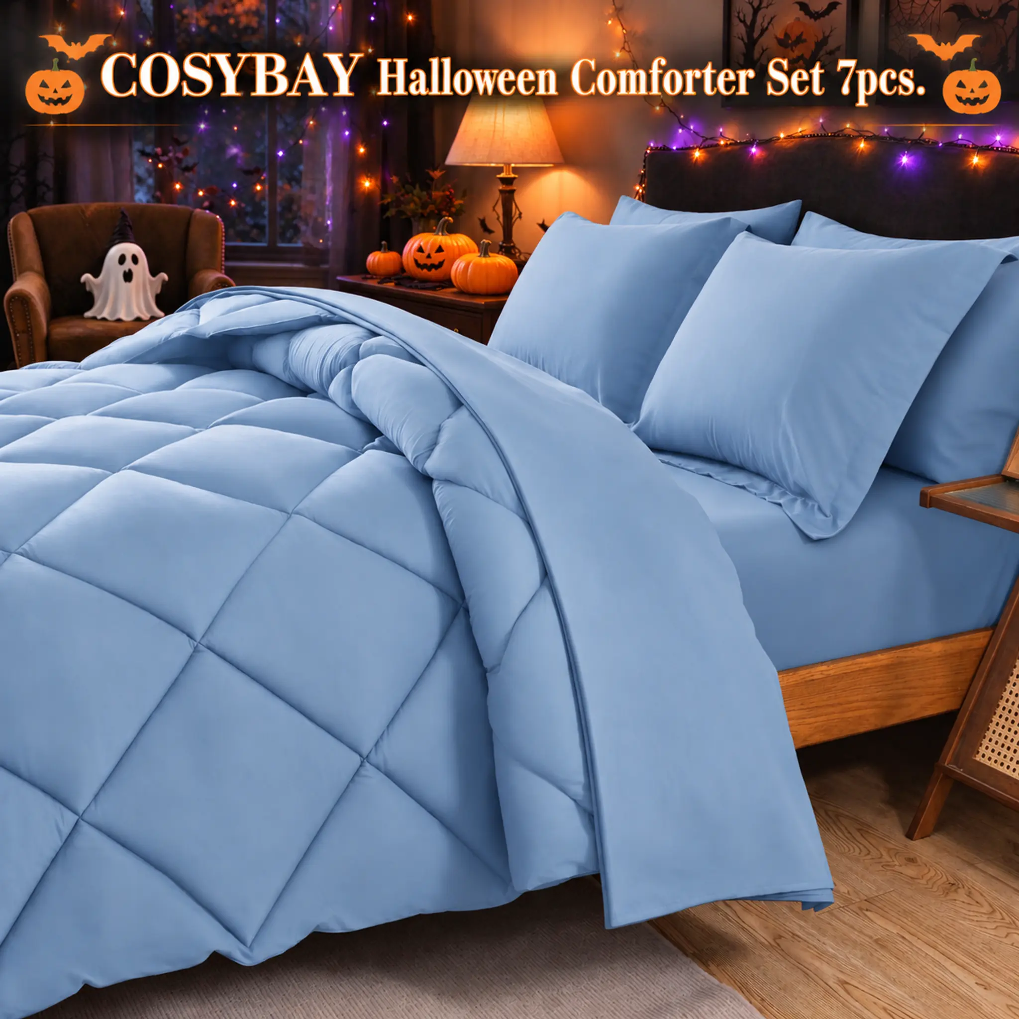Halloween Comforter Set 7 Piece, Diamond Quilted Soft Breathable Bedding Full/Queen/King, Bedding Set with Comforter & Bedspread & Fitted Sheet & 2 Pillowcases & 2 Pillow Shams, Spooky Ghost Pumpkin Black Cat Fall Autumn Bedroom Decor, Machine Washable