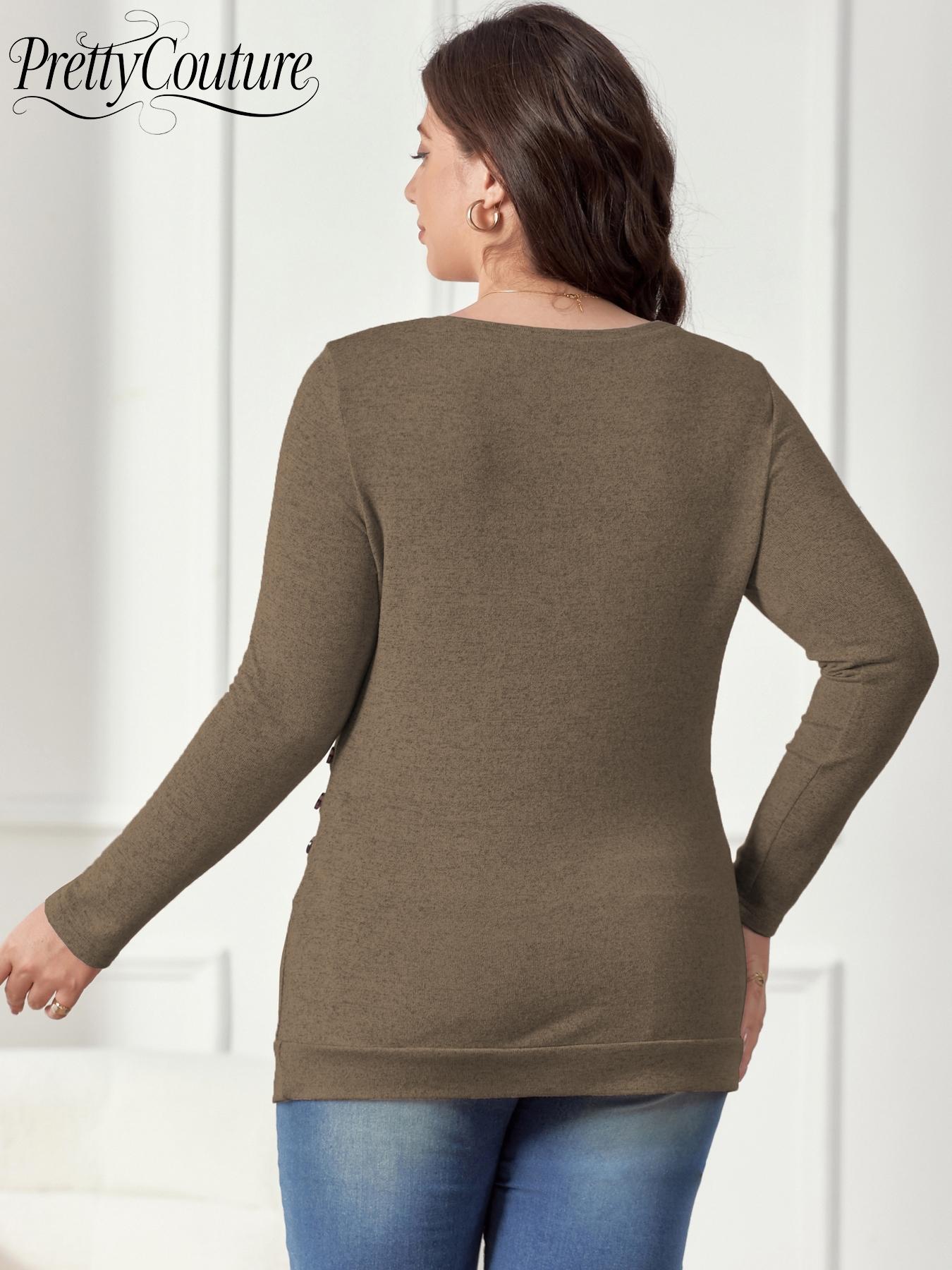 【Plus Size】1 Plus-Size Crew-Neck T-Shirt, High Elasticity, Casual and Easygoing Style, Side Button Decorations Add Details, Long Sleeves & Slim Fit, Suitable for Plus-Size Women’s Daily Outings and Relaxed Office Scenarios, Basic Top