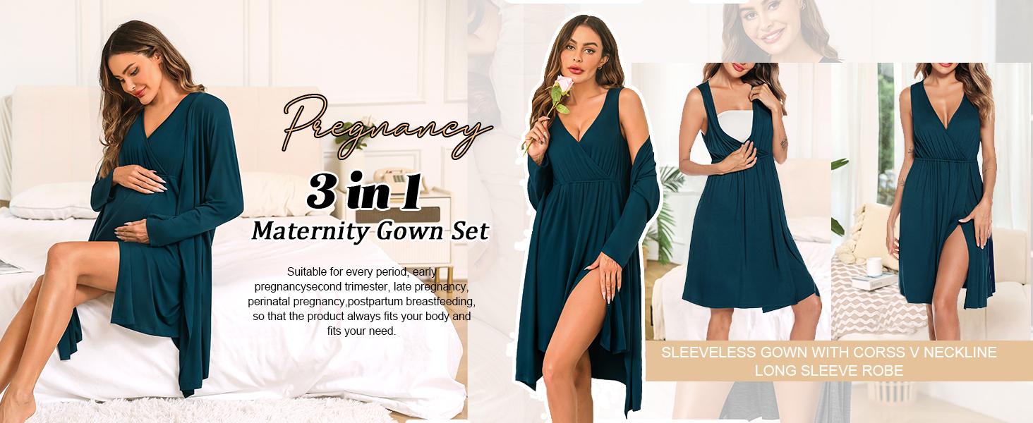 SWOMOG Women Maternity Nursing Gown and Robe Set 3 in 1 Labor Delivery Nursing Nightgown for Breastfeeding Hospital Bathrobe  labor gown for hospital