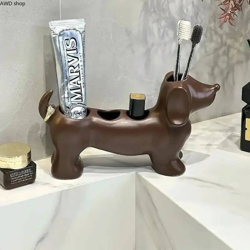 Cute Sausage Dog Toothbrush Holder Stand, Creative 3D Printed Bathroom Counter Organizer, Fun Vanity Storage Caddy, Stylish Household Accessory for Toothbrushes, Toothpaste & Bathroom Desk Decor Brown