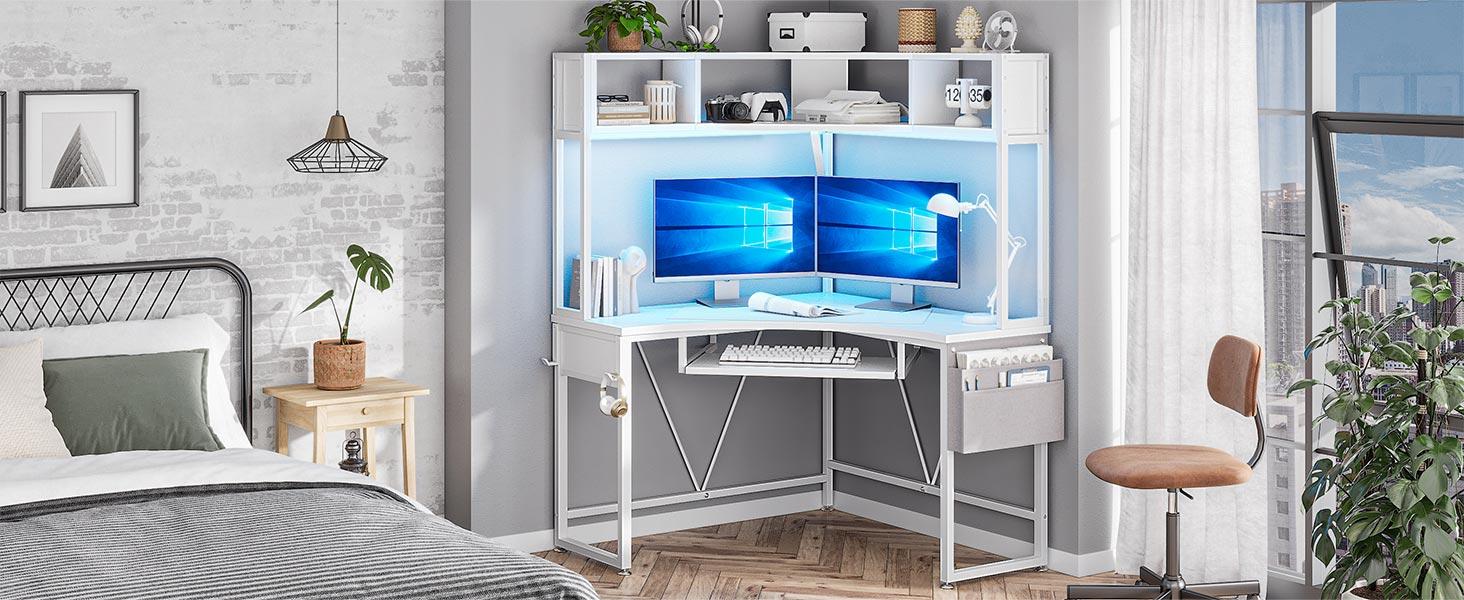 SEDETA Corner Desk with Tray and LED Lights Small Computer Desk Gamer Desktop Desktop Workstation Furniture