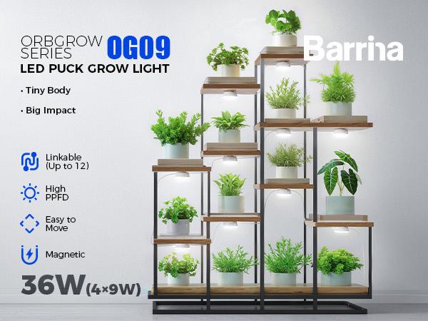 Barrina Orbgrow OG09 Puck Grow Light with Smart Timer & 5 Level Dimmable, 5000K 36W(4 x 9W), Full Spectrum, Magnetic & Linkable, 4 Packs
