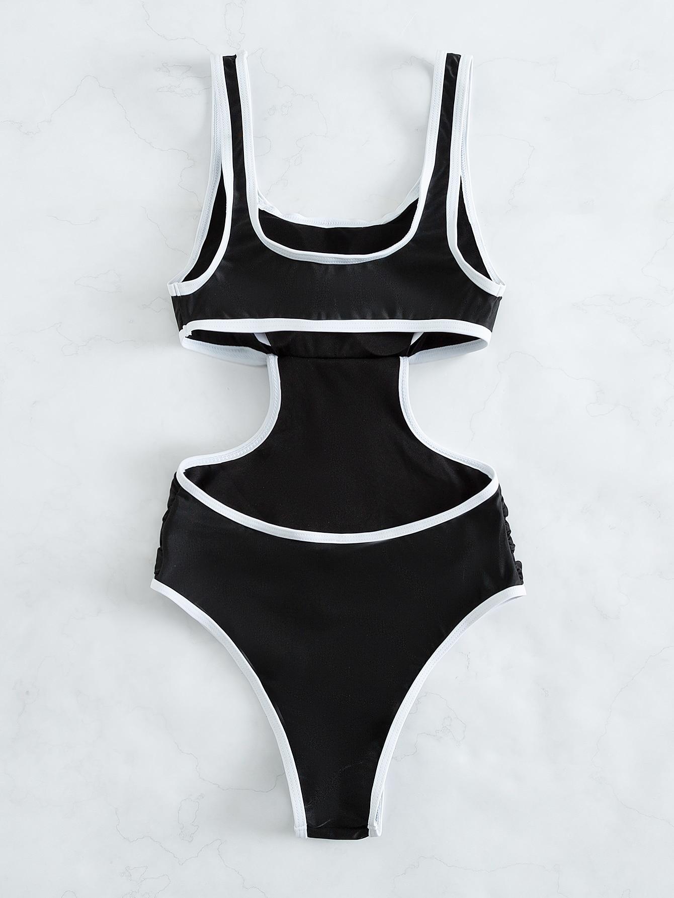 Women's Summer Beach Cut Out Back Bathing Suit Contrast Binding Scoop Neck Ruched Monokini One Piece Swimsuit, Sleeveless Swimsuit, Ruched Swim Suits, Swimsuit Beachwear, Swimwear Bathing Suits