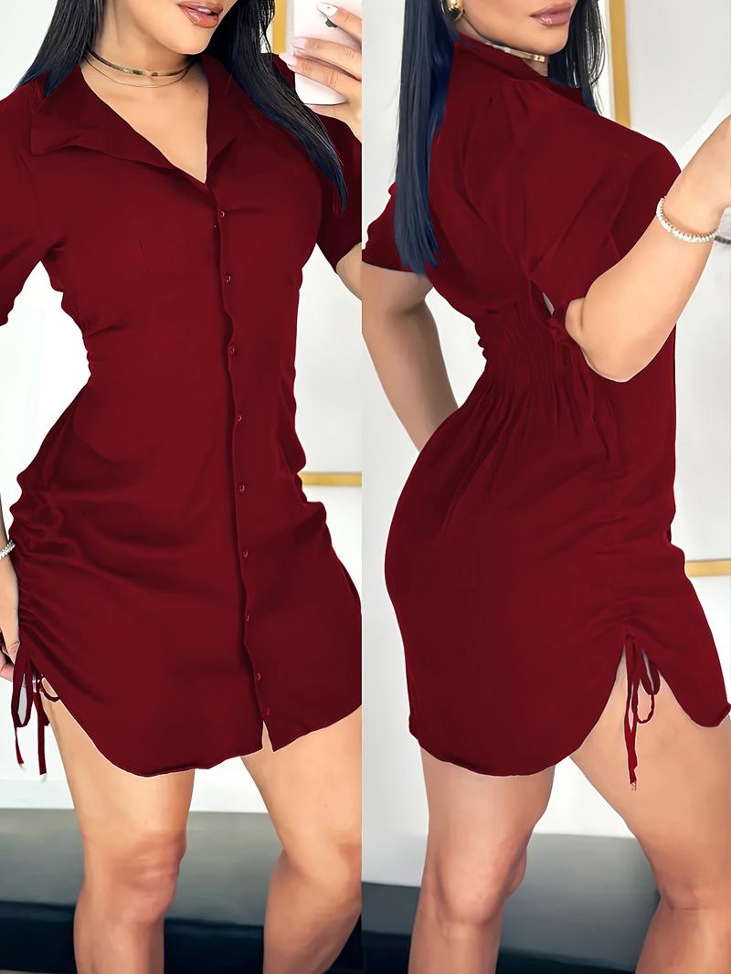Women's Solid Color Shirt Collar Button Front Dress, Casual Short Sleeve Curved Hem Dress for Daily Wear, Ladies Clothes for Spring & Fall