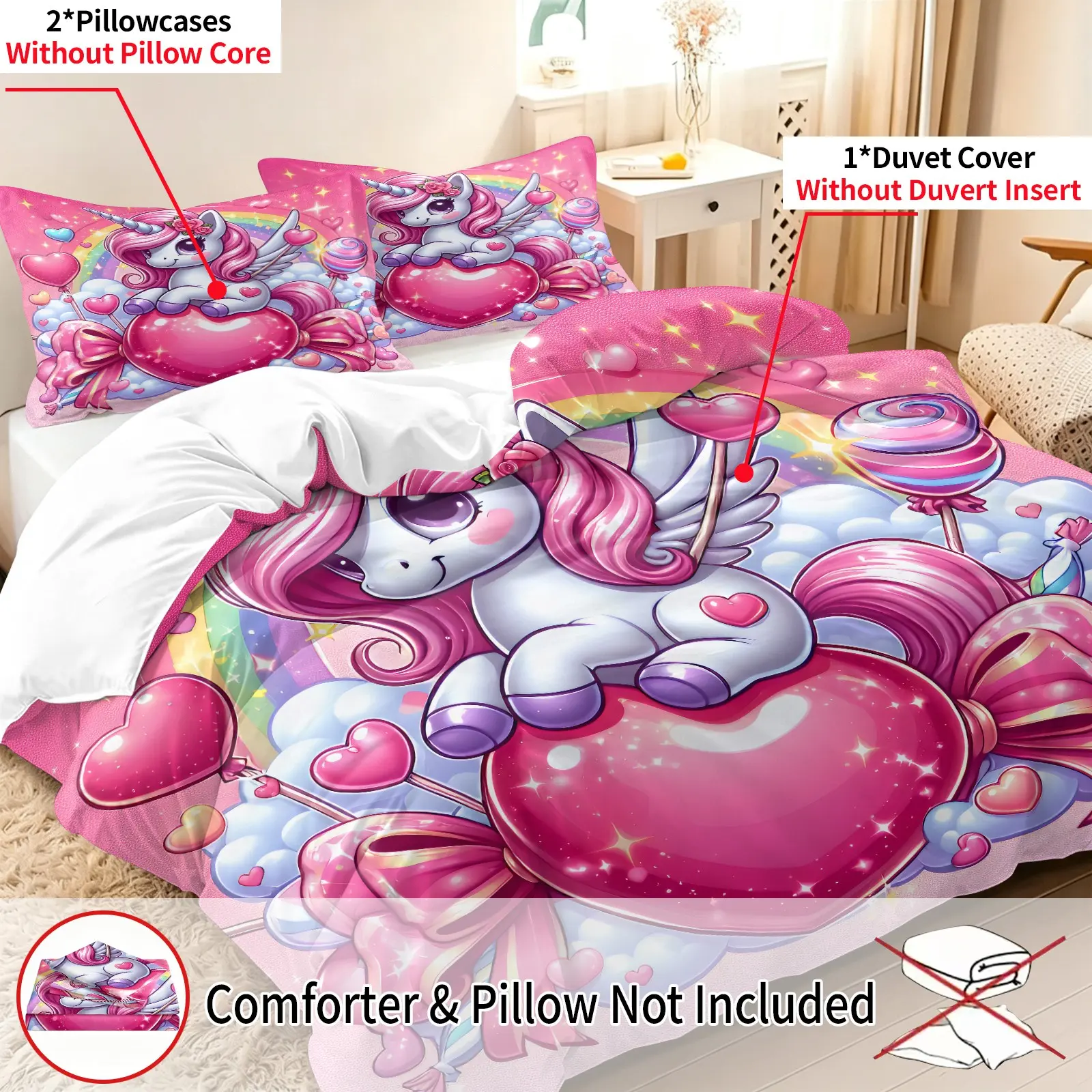 Cartoon pink unicorn printed bedding set of 3, including 2 pillowcases and 1 duvet cover (unfilled), made of polyester material, suitable for all seasons, suitable for decorating couples' bedrooms and guest rooms