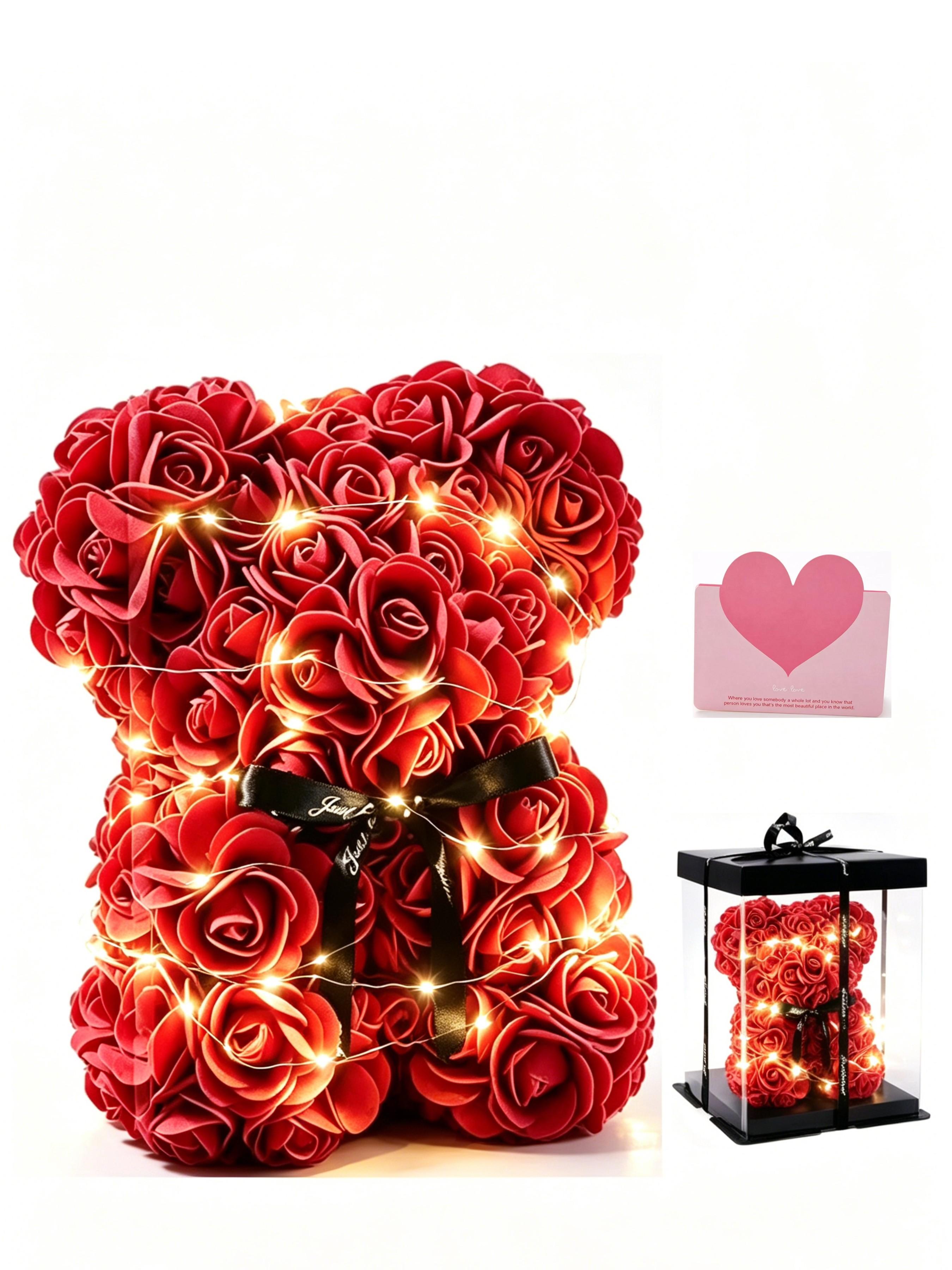 Rose Flower Bear Preserved Flower Gift Box, Valentine's Day Wedding Bouquet, Heart Stone Necklace, Romantic Gift for Girlfriend, Light