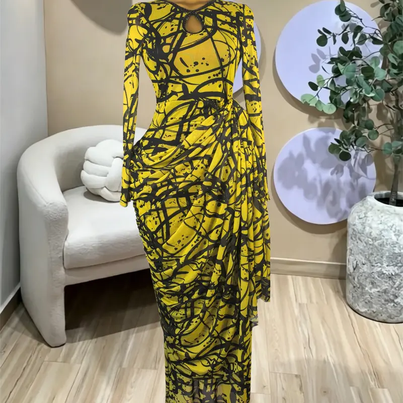 PULKRITU Elegant Women's Striped Pleated Long Sleeve Bodycon Maxi Prom Dress, Fashion Birthday Party Outfit Evening Gown, Perfect for Special Occasions,Lady Casual Dress,Female Brunch Dresses,Graduation Dress,Elegance