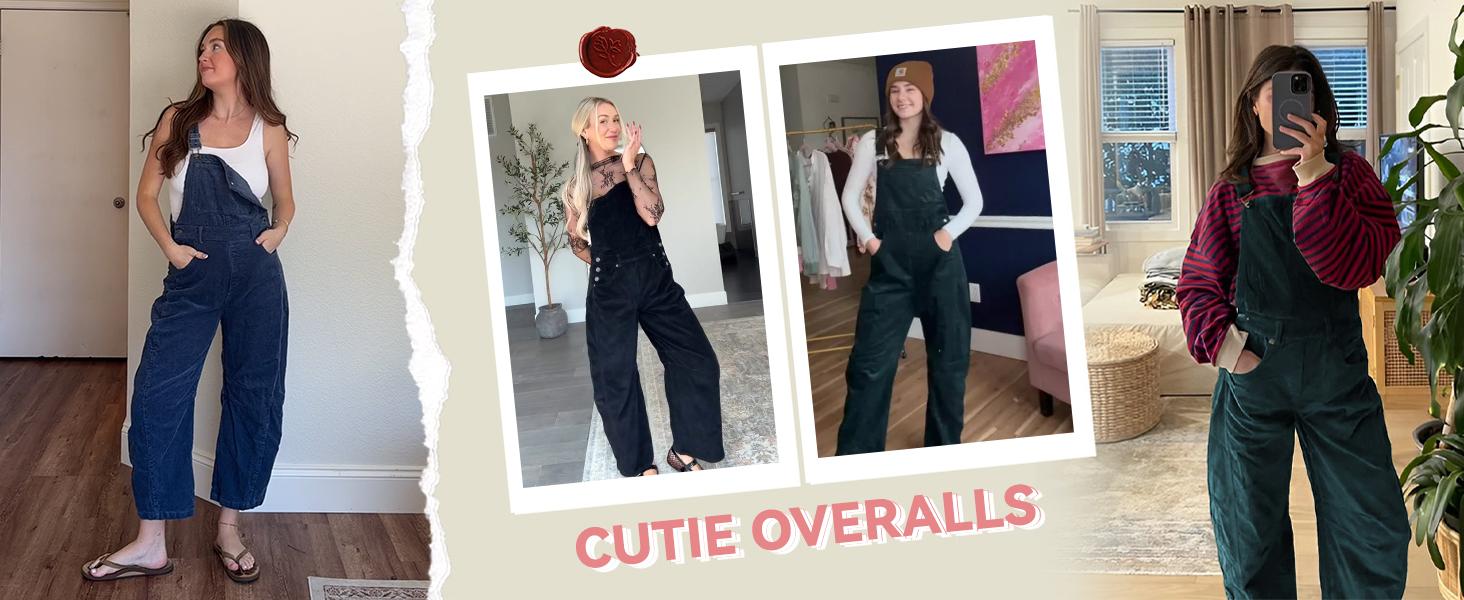 Buenoble Fall Corduroy Overalls for Women Barrel Wide Leg Bib Corduroy Pants Adjustable Romper Jumpsuit with Pockets