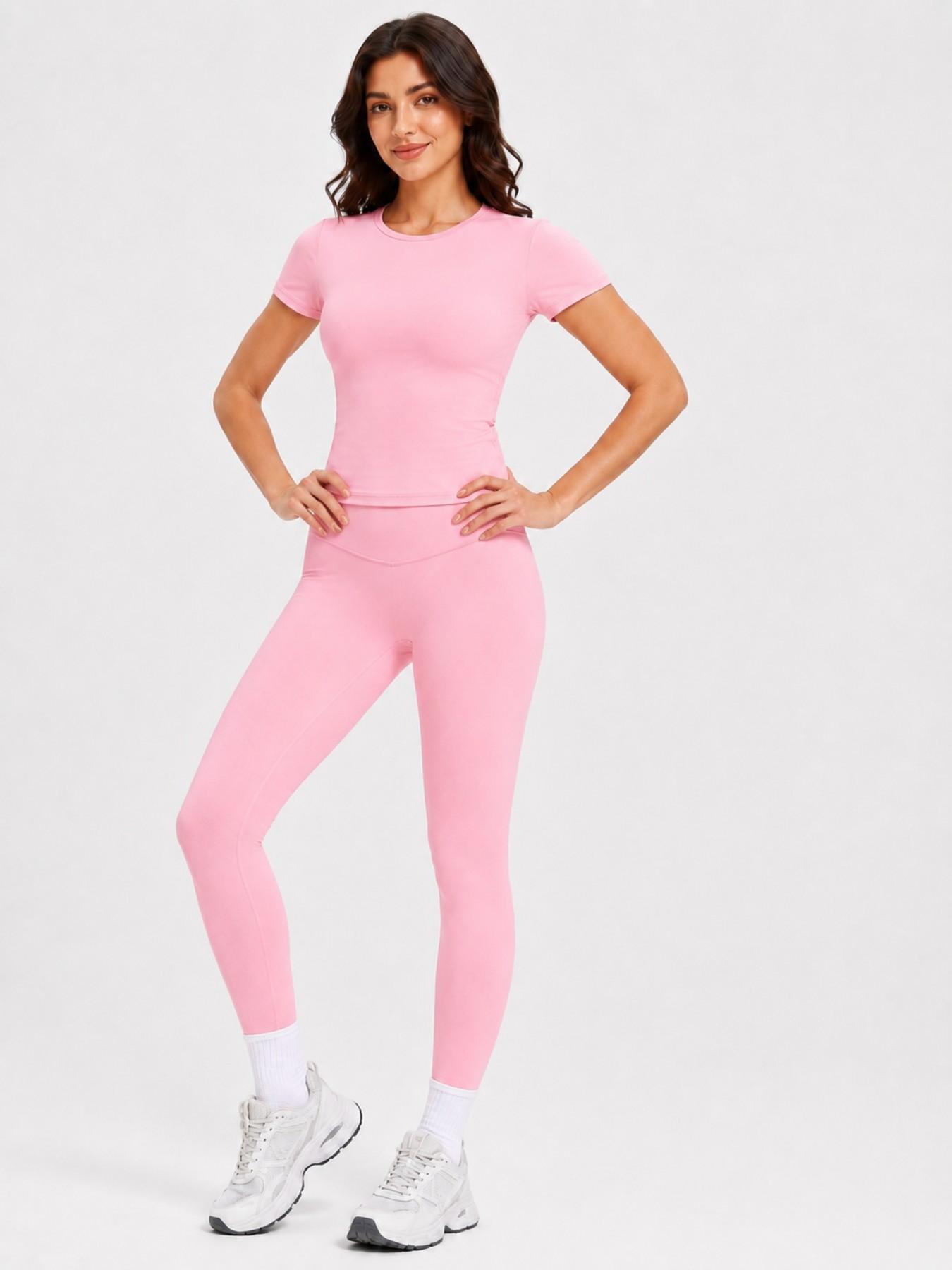 Women's 2-Piece Athletic Workout Set, Short-Sleeve Round-Neck Slim-Fit Crop Tee & High-Rise V-Front Yoga Leggings, Casual Running Gym Activewear Yoga Sportswear Set for Daily Wear