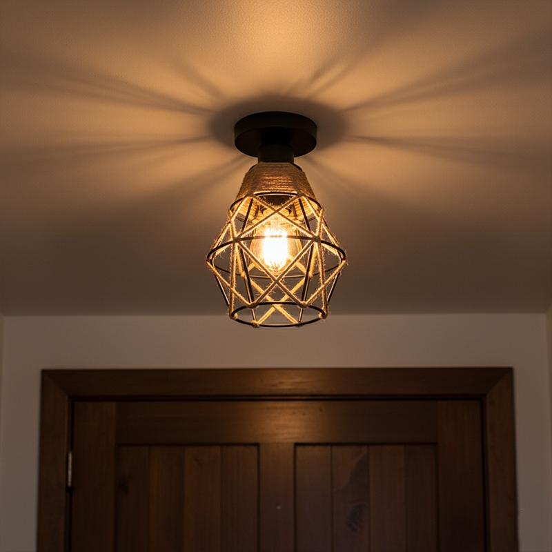 Hemp Rope Ceiling Light, Embedded Ceiling Lamp, E27 Socket, Hardwired, Rustic Metal Fixture, for Entryway, Hallway, Kitchen, Bedroom, Study